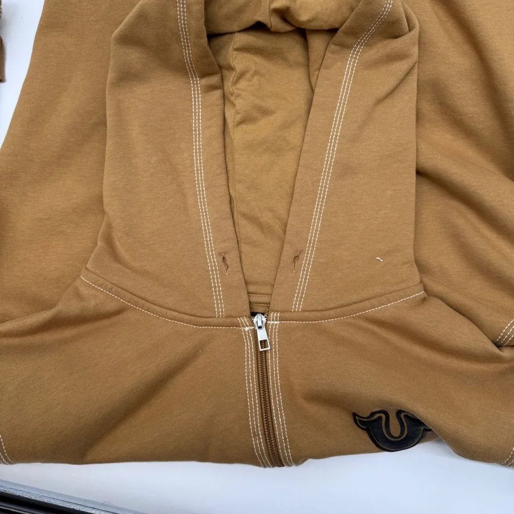 True Religion Zip Up Hoodie Mens Large Brown Buddha Graphic Contrast Stitching